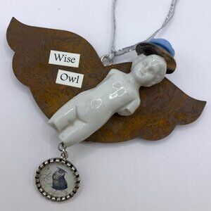 Mixed Media Wise Owl Broken Charlotte Doll Angel Necklace Ornament Handmade J691